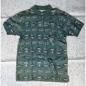 Vintage Op Sport Polo Shirt Green Fishing Fish Print 90s Men's Medium